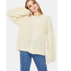 Levi's Ava Cable Knit Sweater in Cream & Neon Green Neckline Size Medium